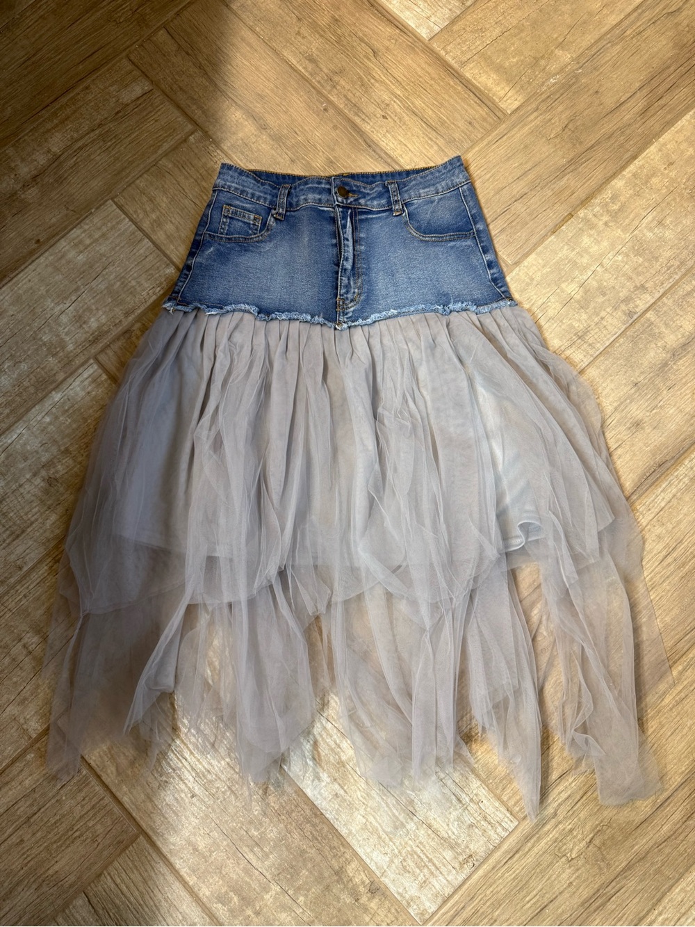 SHEIN Denim Tulle Maxi Skirt Size 6 Gray High Low Western Boho